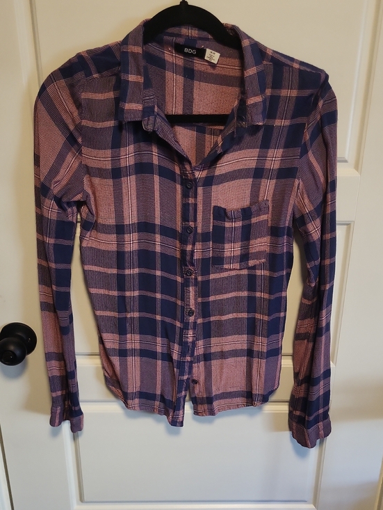 BDG Tops - BDG Pink and Navy Plaid Button-Down Shirt